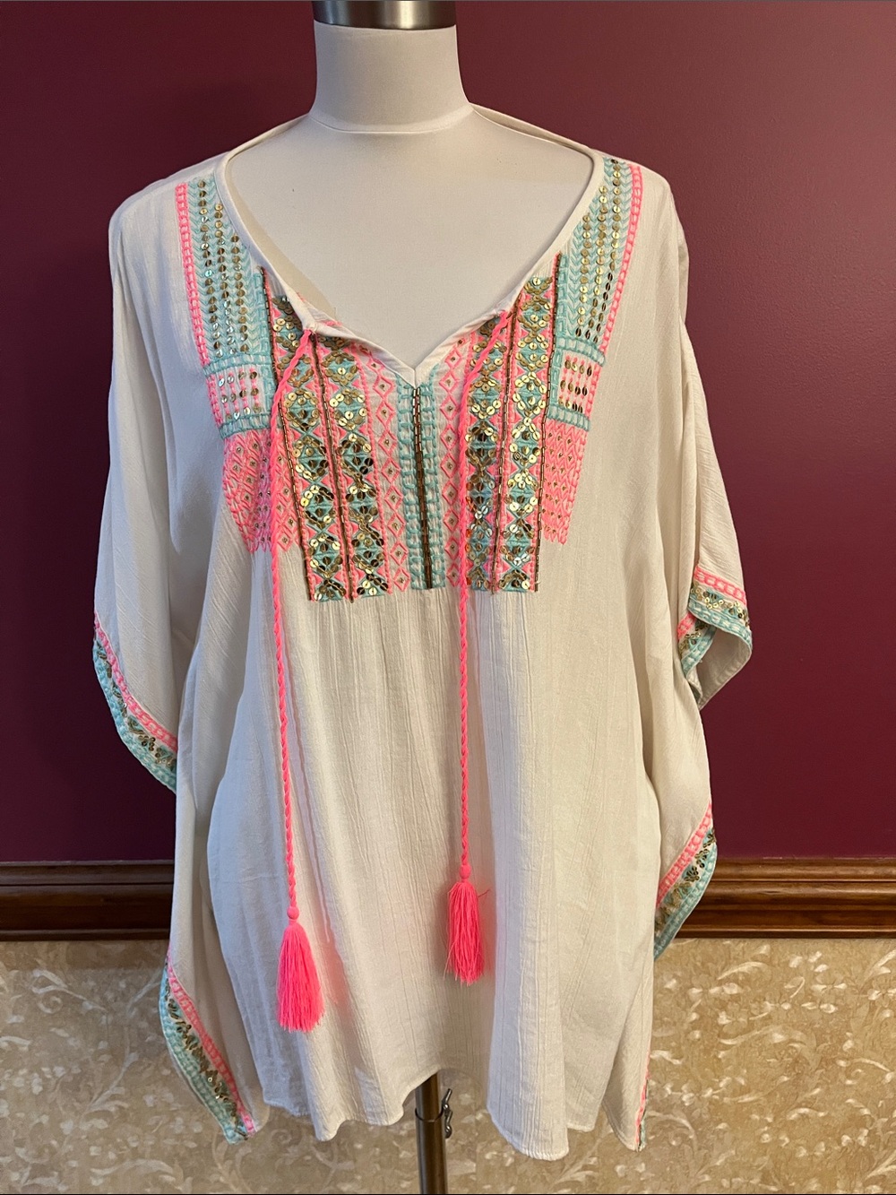 Lilly Pulitzer White Tassel Peasant Tunic with Pink & Mint Embroidery